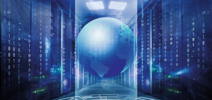 symmetrical futuristic modern server room in the data center wit Holographic 3d planet earth against blue abstract background with circles, triangles and binary code